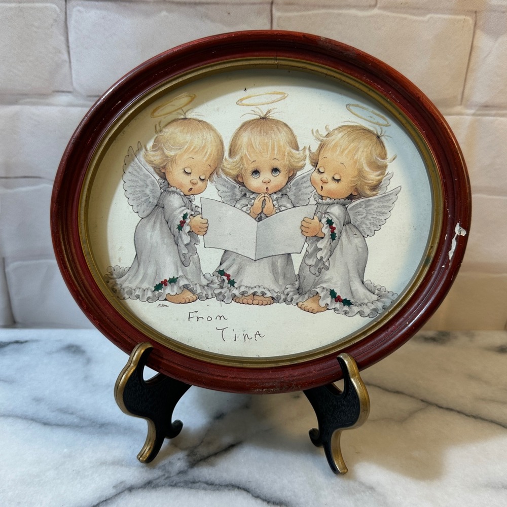 Vintage Ruth J Morehead RJM Singing Angels Oval Framed Christmas Art Print 8in